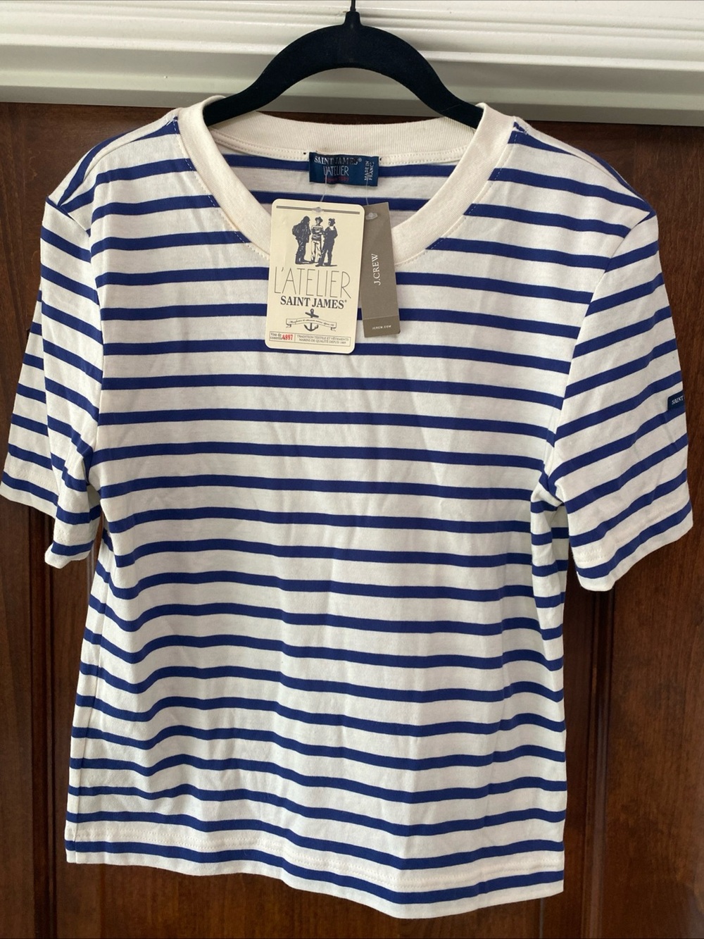 J. Crew x L’Atelier Saint James Striped T-shirt In Royal Blue And Ivory Sz S  *